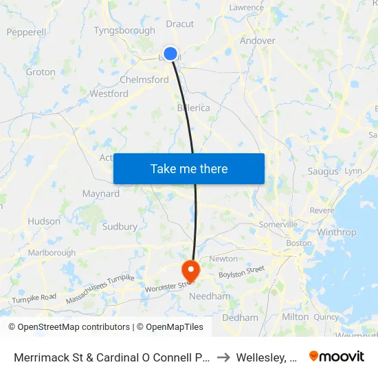 Merrimack St & Cardinal O Connell Pkwy to Wellesley, MA map