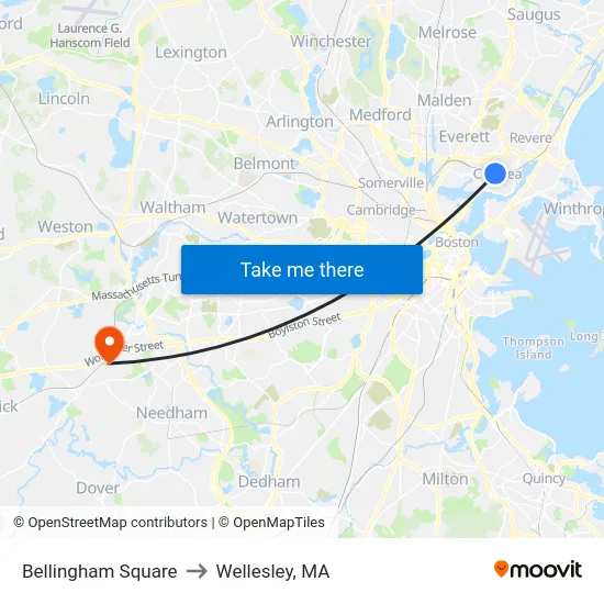 Bellingham Square to Wellesley, MA map
