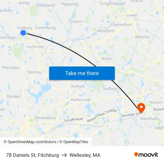 78 Daniels St, Fitchburg to Wellesley, MA map