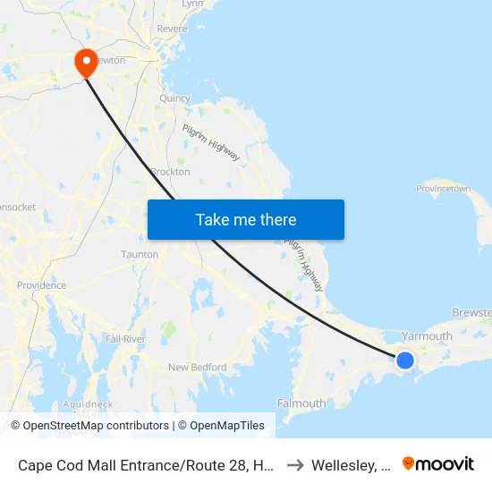 Cape Cod Mall Entrance/Route 28, Hyannis to Wellesley, MA map
