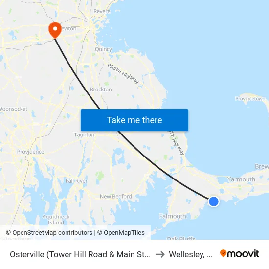 Osterville (Tower Hill Road & Main Street) to Wellesley, MA map