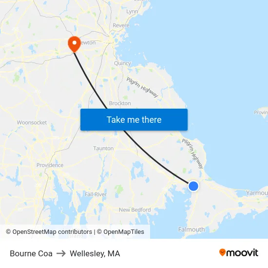 Bourne Coa to Wellesley, MA map