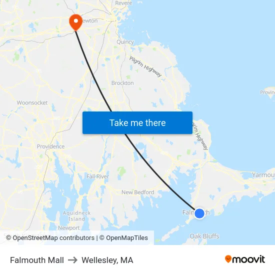 Falmouth Mall to Wellesley, MA map
