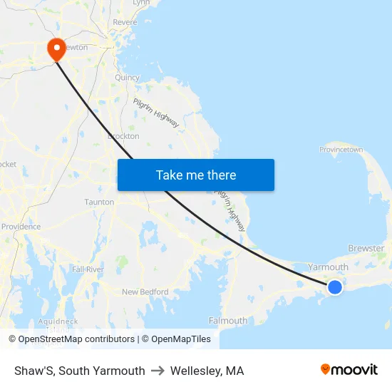 Shaw'S, South Yarmouth to Wellesley, MA map