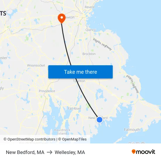 New Bedford, MA to Wellesley, MA map