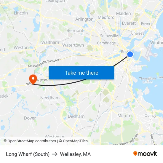 Long Wharf (South) to Wellesley, MA map