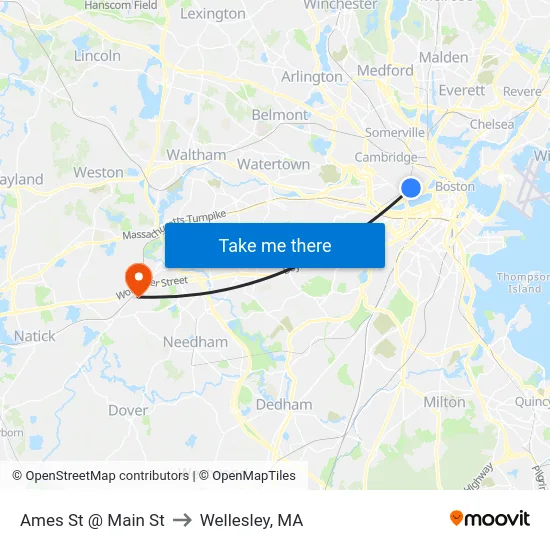 Ames St @ Main St to Wellesley, MA map