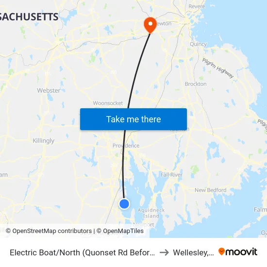 Electric Boat/North (Quonset Rd Before Dillabur) to Wellesley, MA map