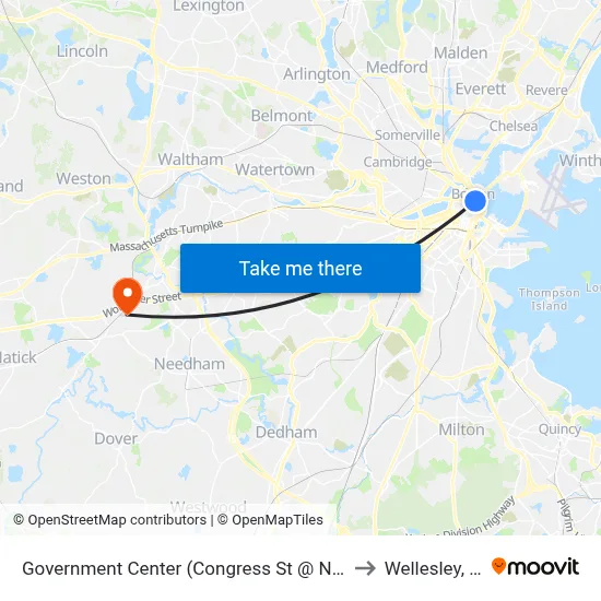 Government Center (Congress St @ North St) to Wellesley, MA map