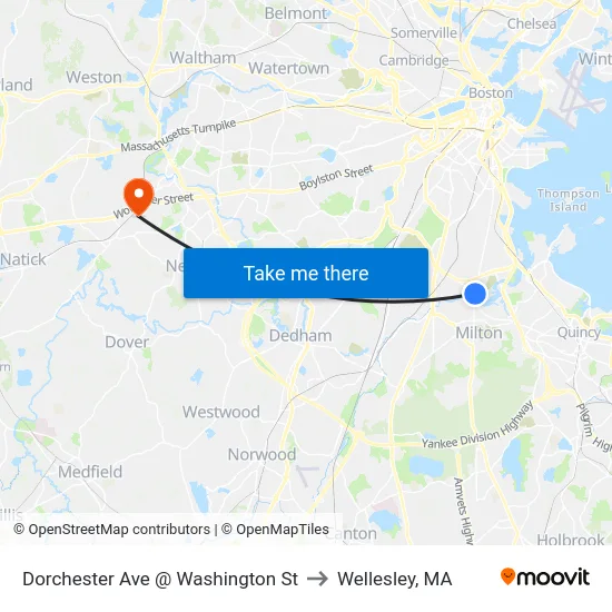 Dorchester Ave @ Washington St to Wellesley, MA map
