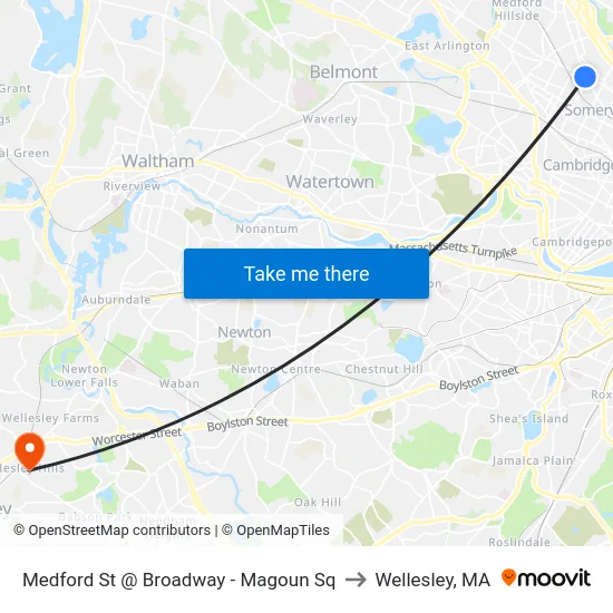 Medford St @ Broadway - Magoun Sq to Wellesley, MA map