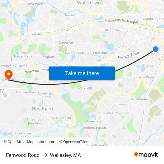 Fenwood Road to Wellesley, MA map
