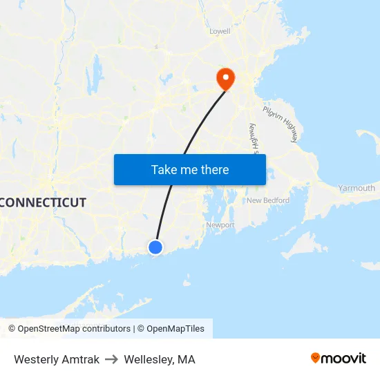 Westerly Amtrak to Wellesley, MA map