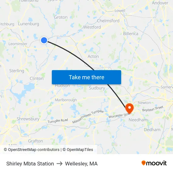 Shirley Mbta Station to Wellesley, MA map