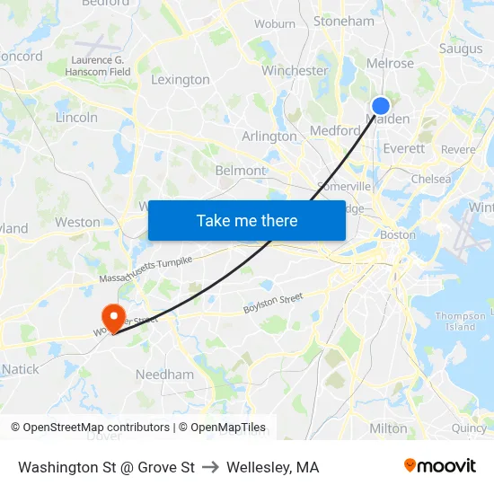 Washington St @ Grove St to Wellesley, MA map
