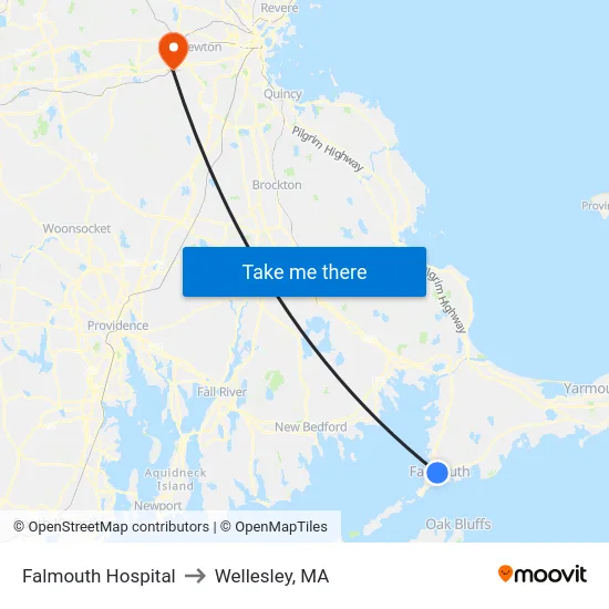 Falmouth Hospital to Wellesley, MA map