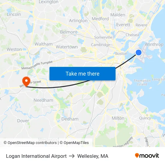 Logan International Airport to Wellesley, MA map