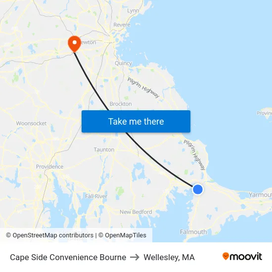 Cape Side Convenience Bourne to Wellesley, MA map