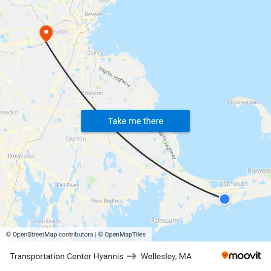 Transportation Center Hyannis to Wellesley, MA map