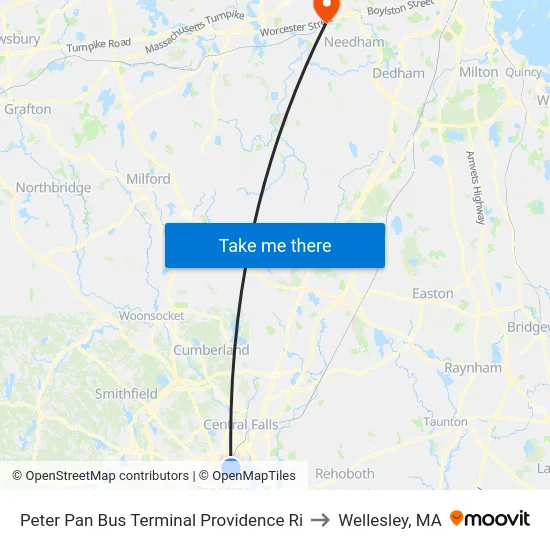 Peter Pan Bus Terminal Providence Ri to Wellesley, MA map