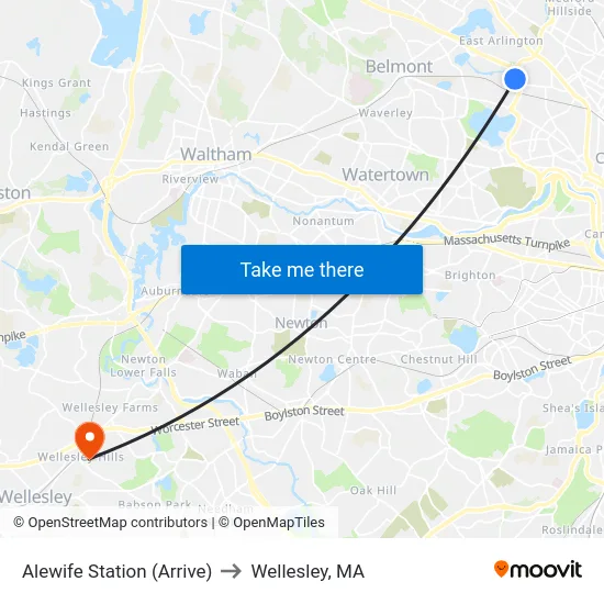 Alewife Station (Arrive) to Wellesley, MA map
