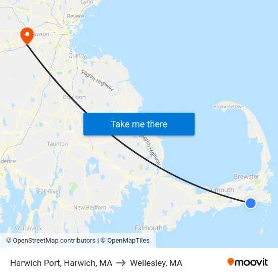Harwich Port, Harwich, MA to Wellesley, MA map