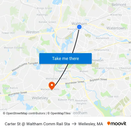 Carter St @ Waltham Comm Rail Sta to Wellesley, MA map