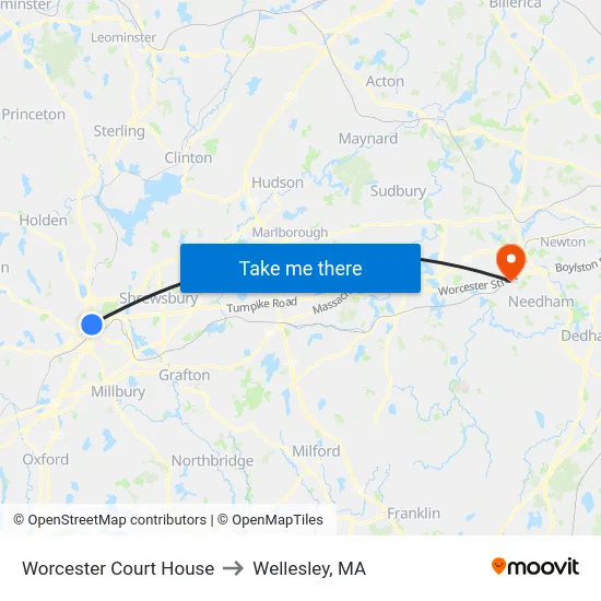Worcester Court House to Wellesley, MA map