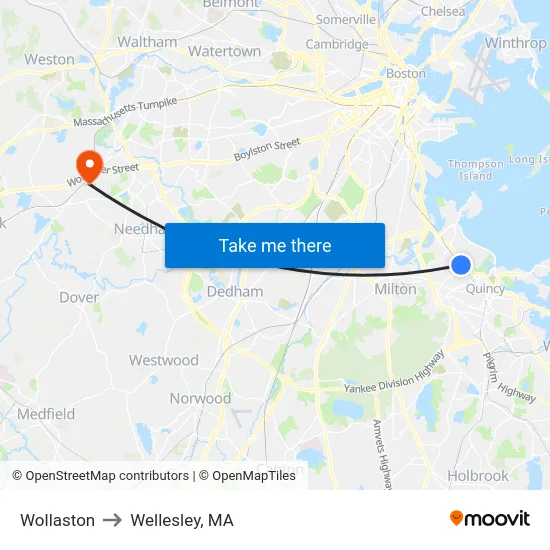 Wollaston to Wellesley, MA map