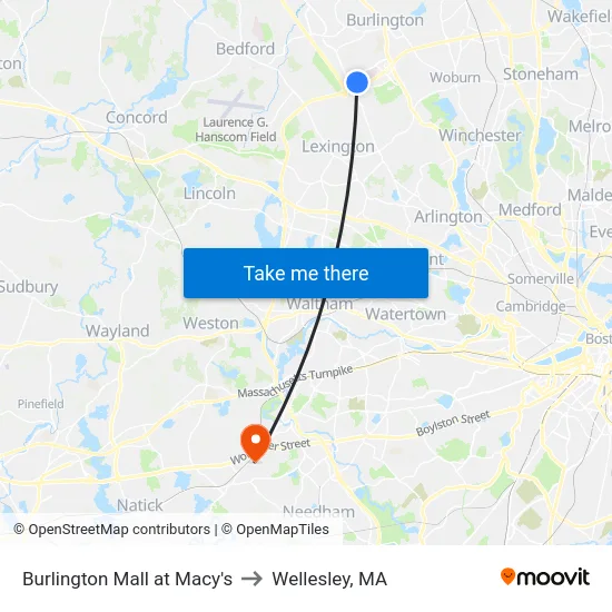 Burlington Mall at Macy's to Wellesley, MA map