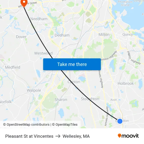 Pleasant St at Vincentes to Wellesley, MA map