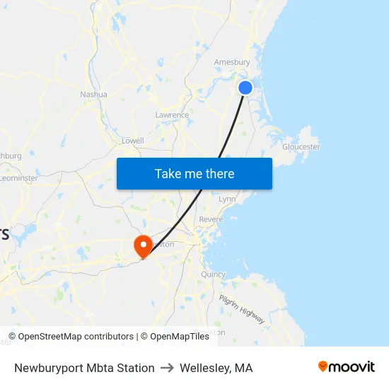 Newburyport Mbta Station to Wellesley, MA map