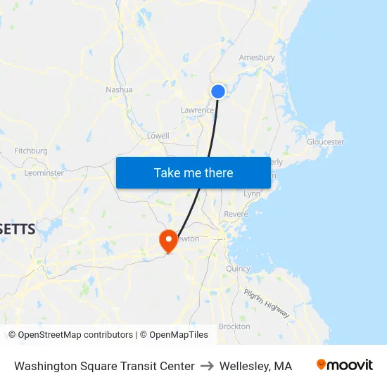 Washington Square Transit Center to Wellesley, MA map