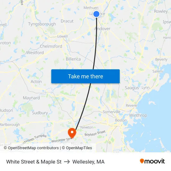 White Street & Maple St to Wellesley, MA map