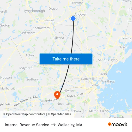Internal Revenue Service to Wellesley, MA map