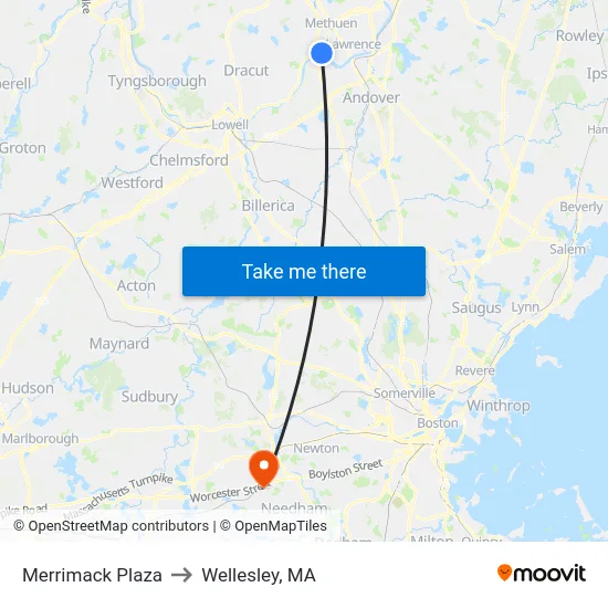 Merrimack Plaza to Wellesley, MA map