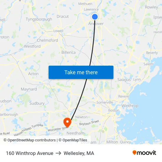 160 Winthrop Avenue to Wellesley, MA map