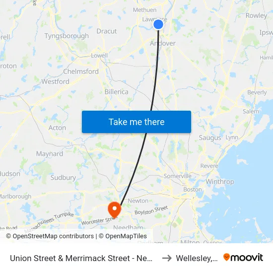 Union Street & Merrimack Street - New Balance to Wellesley, MA map
