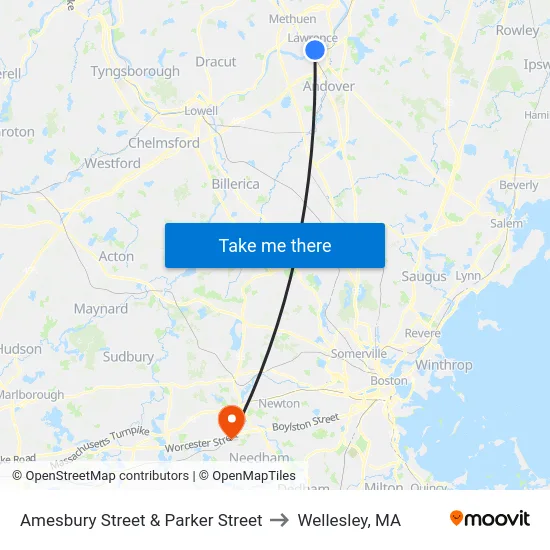 Amesbury Street & Parker Street to Wellesley, MA map