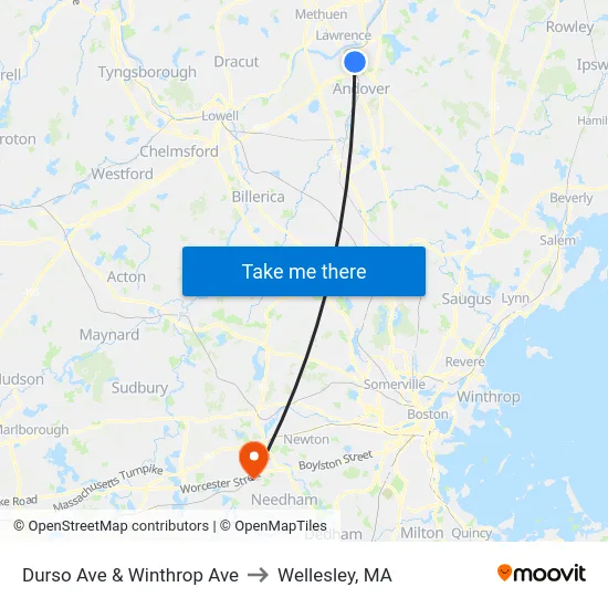 Durso Ave & Winthrop Ave to Wellesley, MA map