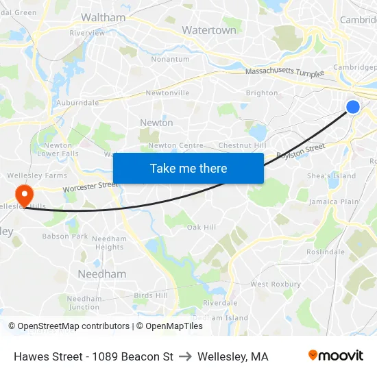 Hawes Street - 1089 Beacon St to Wellesley, MA map