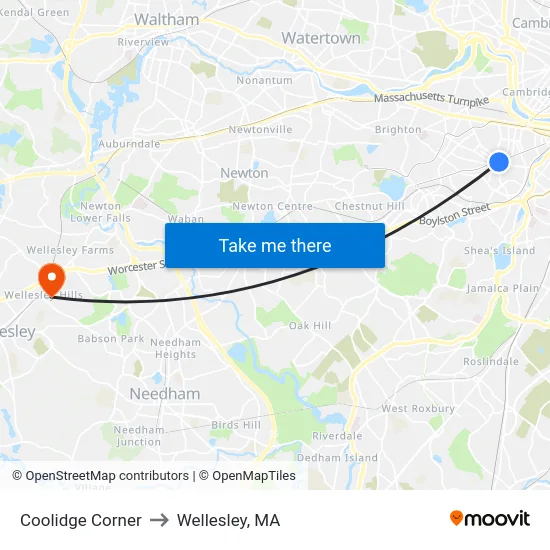 Coolidge Corner to Wellesley, MA map