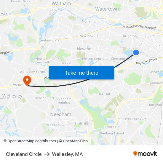 Cleveland Circle to Wellesley, MA map