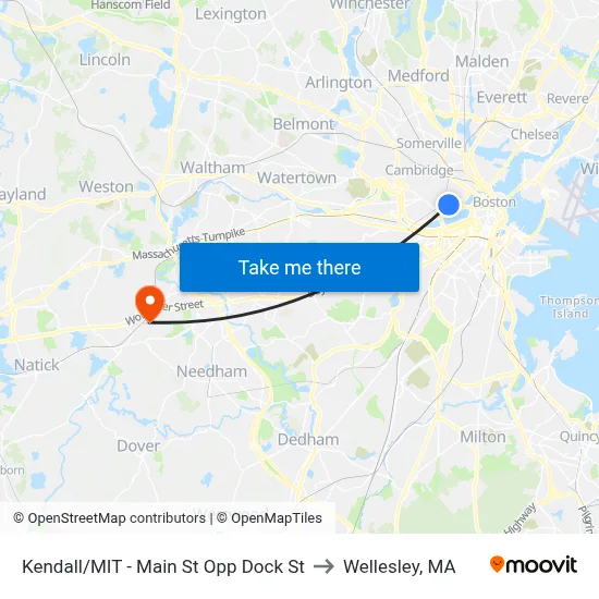 Kendall/MIT - Main St Opp Dock St to Wellesley, MA map