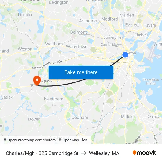 Charles/Mgh - 325 Cambridge St to Wellesley, MA map