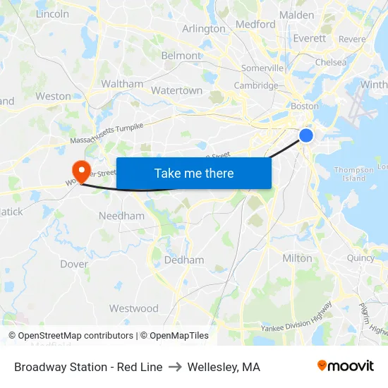 Broadway Station - Red Line to Wellesley, MA map