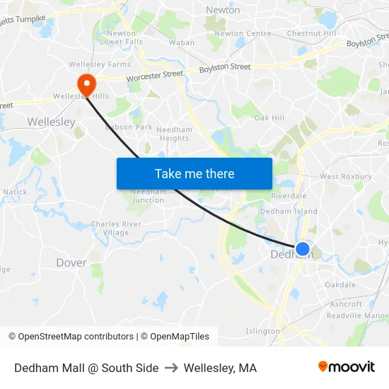 Dedham Mall @ South Side to Wellesley, MA map