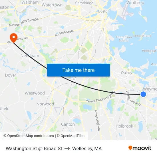 Washington St @ Broad St to Wellesley, MA map