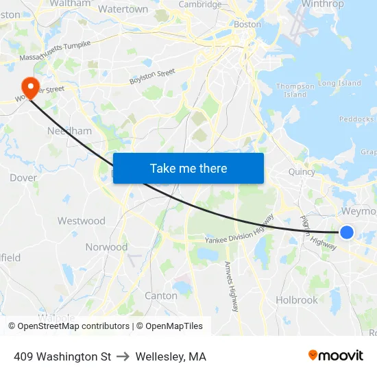 409 Washington St to Wellesley, MA map