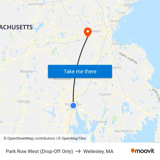 Park Row West (Drop-Off Only) to Wellesley, MA map